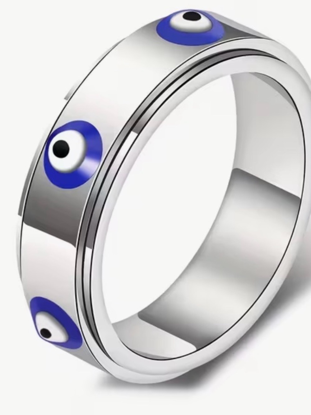 Evil Eye Stainless Steel Spinner Ring in Silver and Blue size 10